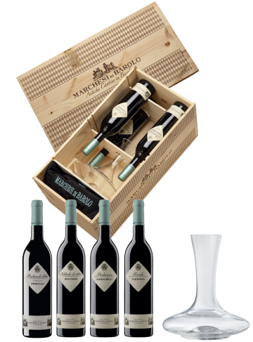 CONFEZ. EMOZIONI 4 BOTT.+DECANTER+GREMB. MARCHESI DI BAROLO
