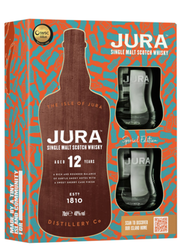 Rum Jura 12yo con due bicchieri 
