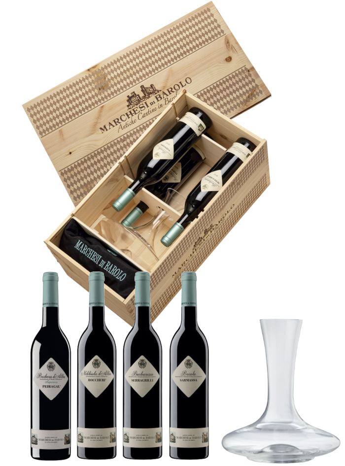 CONFEZ. EMOZIONI 4 BOTT.+DECANTER+GREMB. MARCHESI DI BAROLO CONFEZ. EMOZIONI 4 BOTT.+DECANTER+GREMB. MARCHESI DI BAROLO